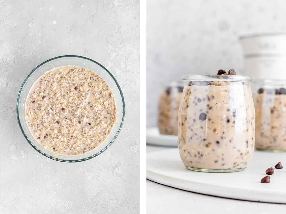 Set of two photos showing chocolate protein overnight oats set in a bowl and portioned in a container.