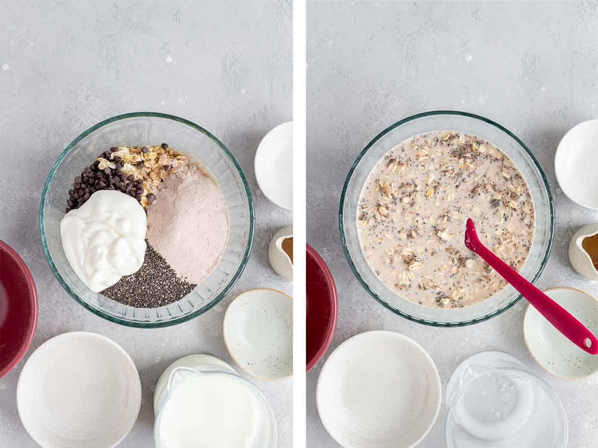Set of two photos showing chocolate protein overnight oats added to the ingredients in the bowl and mixed.