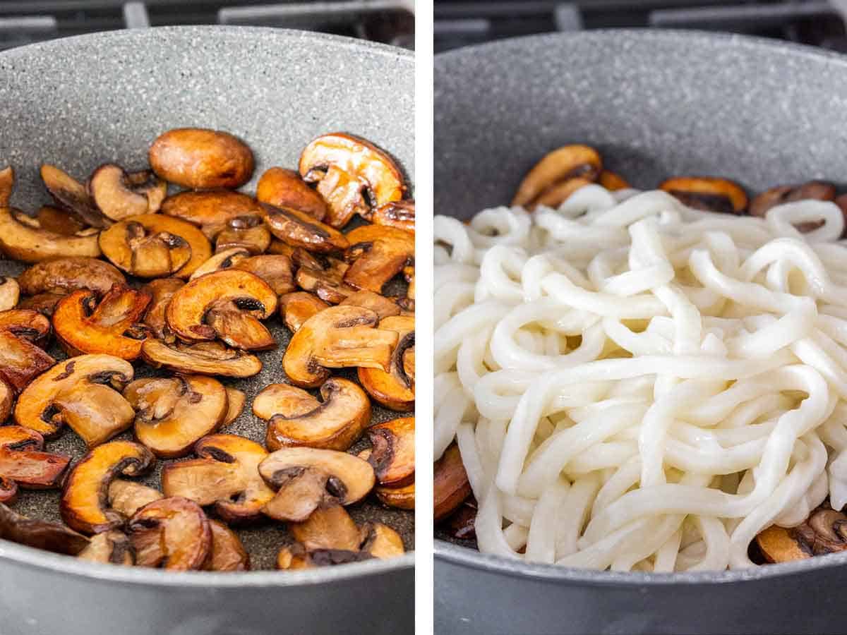 Set of two photos showing mushrooms cooked down and udon added on top.