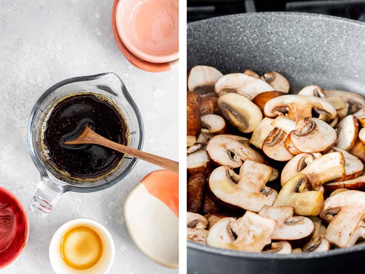 Set of two photos showing sauce mixed in a measuring cup and mushrooms added to a skillet.