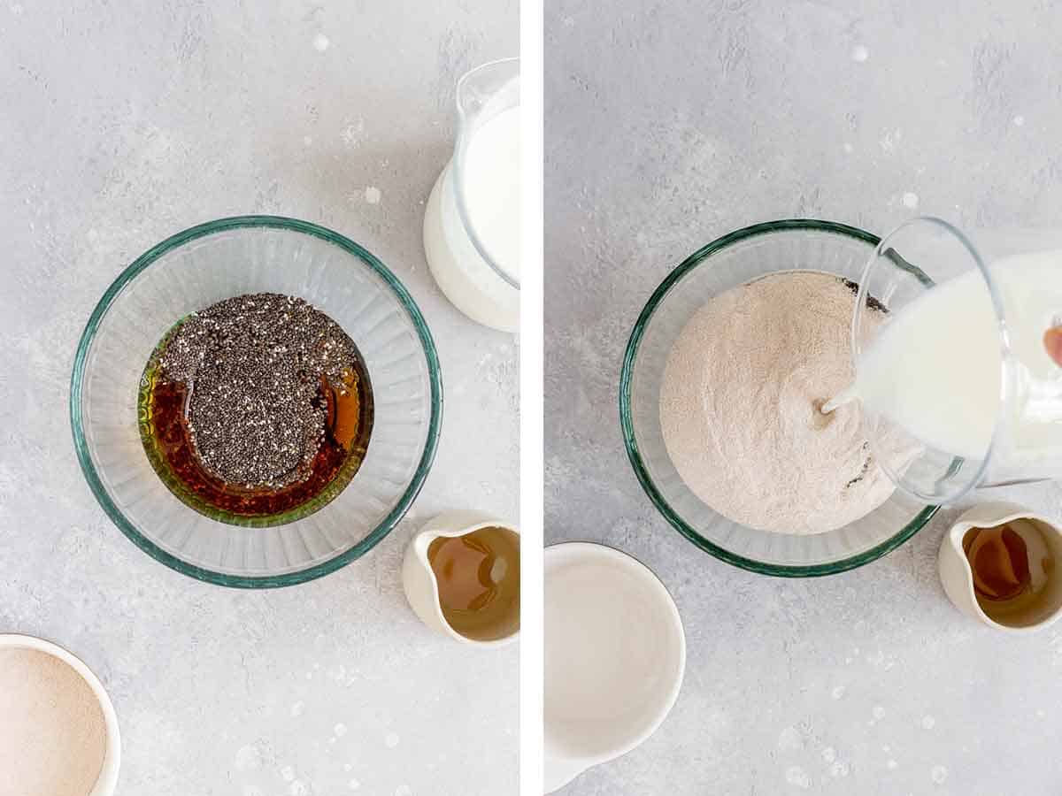 Set of two photos showing chia seeds, maple syrup, protein powder, and milk added to a bowl.