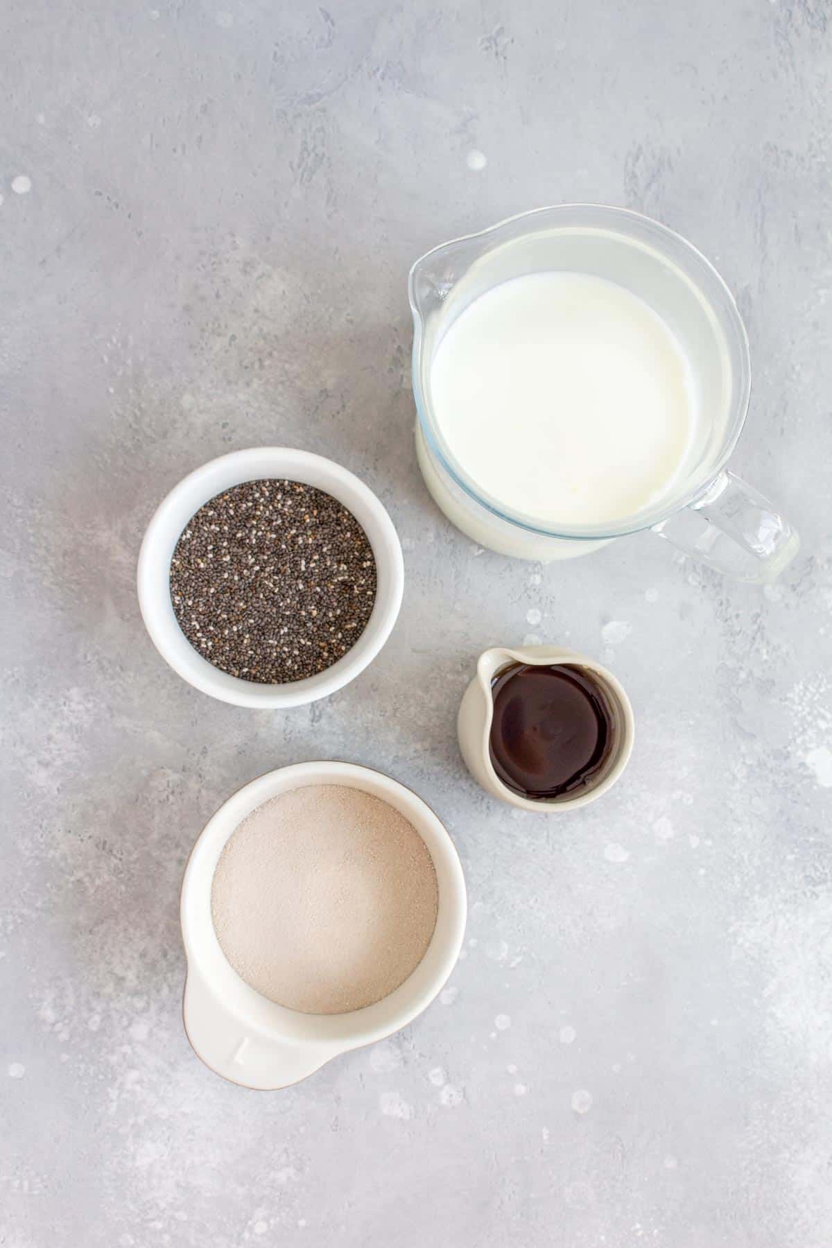 Ingredients needed to make protein chia pudding.