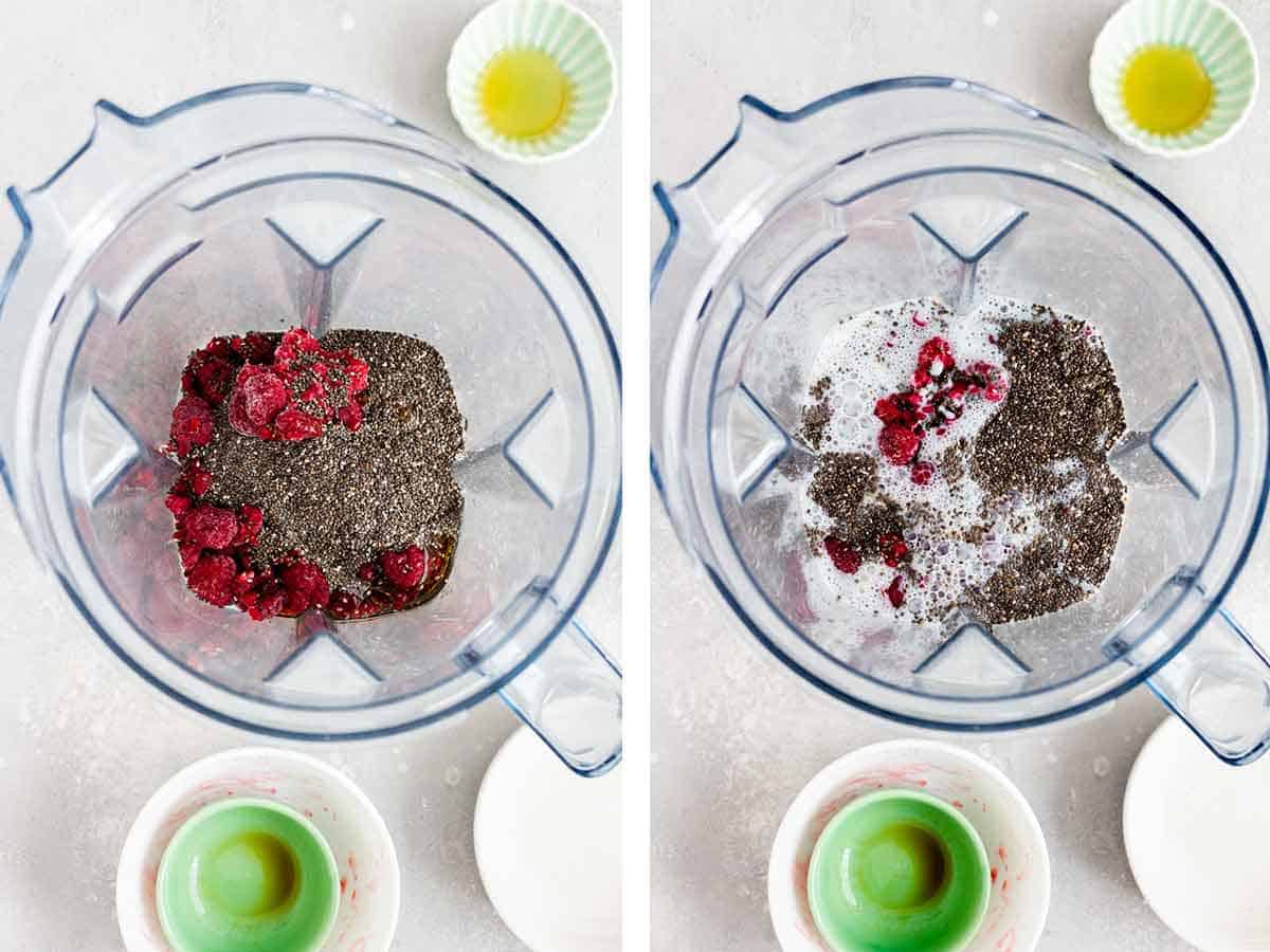 Set of two photos showing raspberry chia pudding ingredients added to a blender.