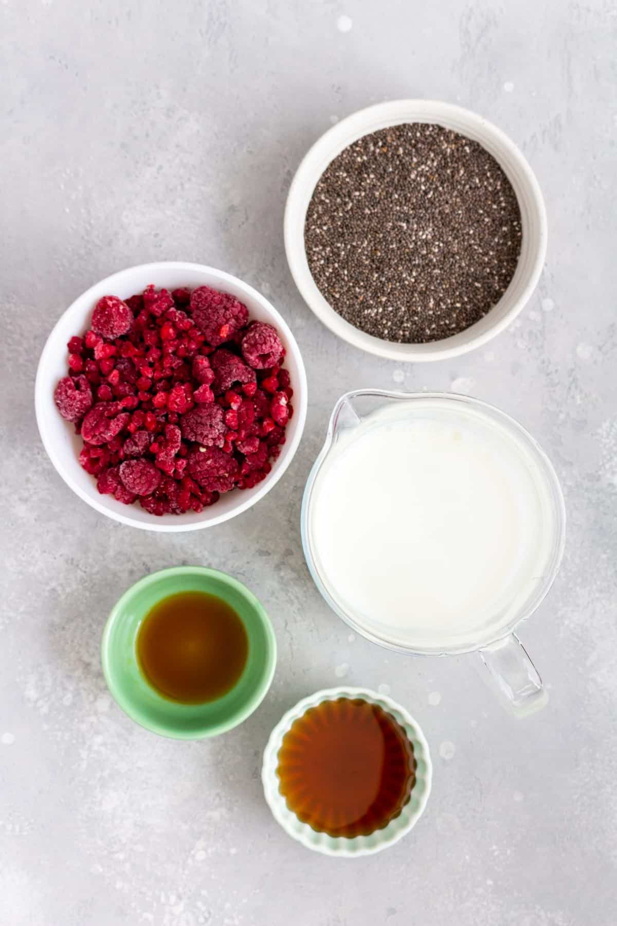 Ingredients needed to make raspberry chia pudding.
