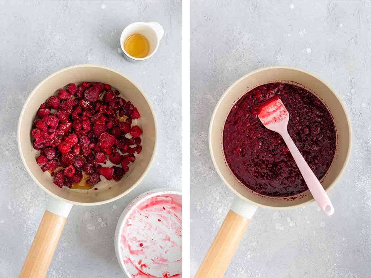 Set of two photos showing raspberries cooking down in a saucepan.