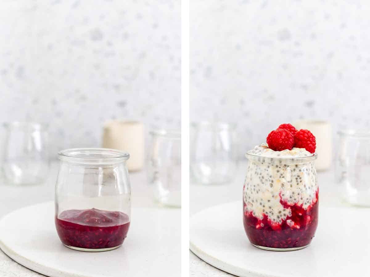 Set of two photos showing cooked raspberry added to the bottom of a jar and overnight oats on top.