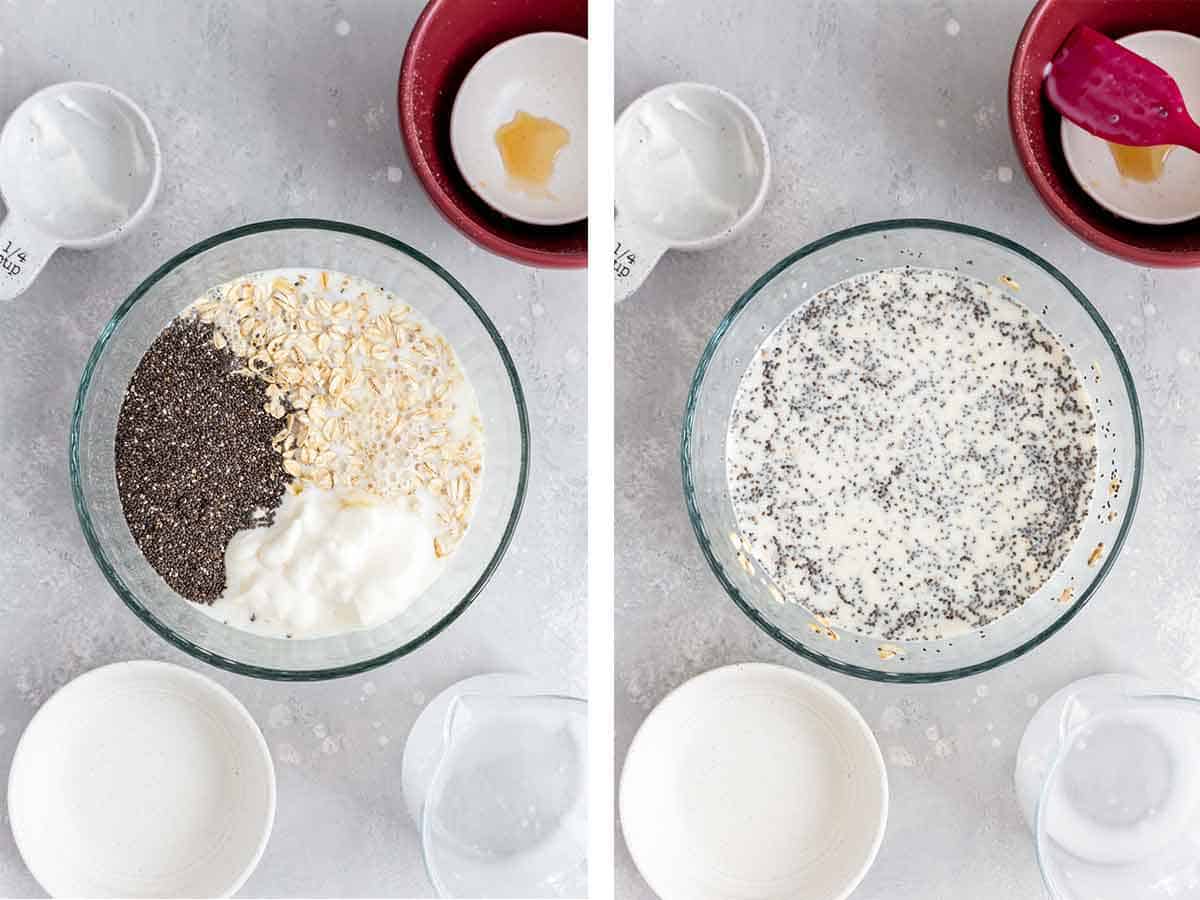 Set of two photos showing rolled oats, chia seeds, yogurt, and milk added to a bowl and mixed.