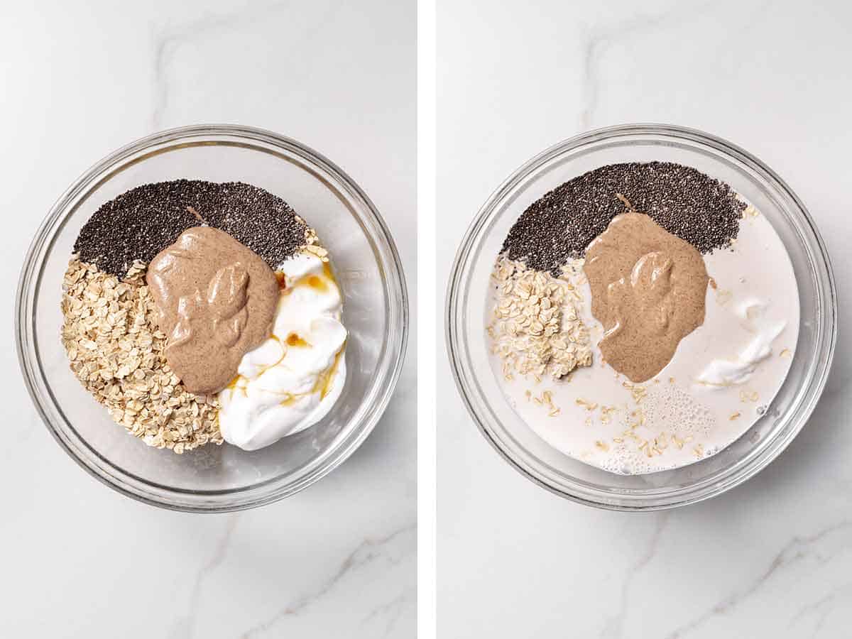 Set of two photos showing almond butter, chia seeds, maple syrup, salt, and milk added to a bowl.