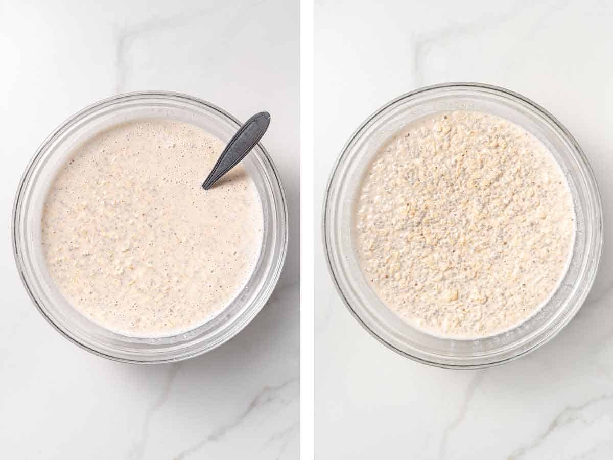 Set of two photos showing overnight oats mixture mixed and set in a bowl.