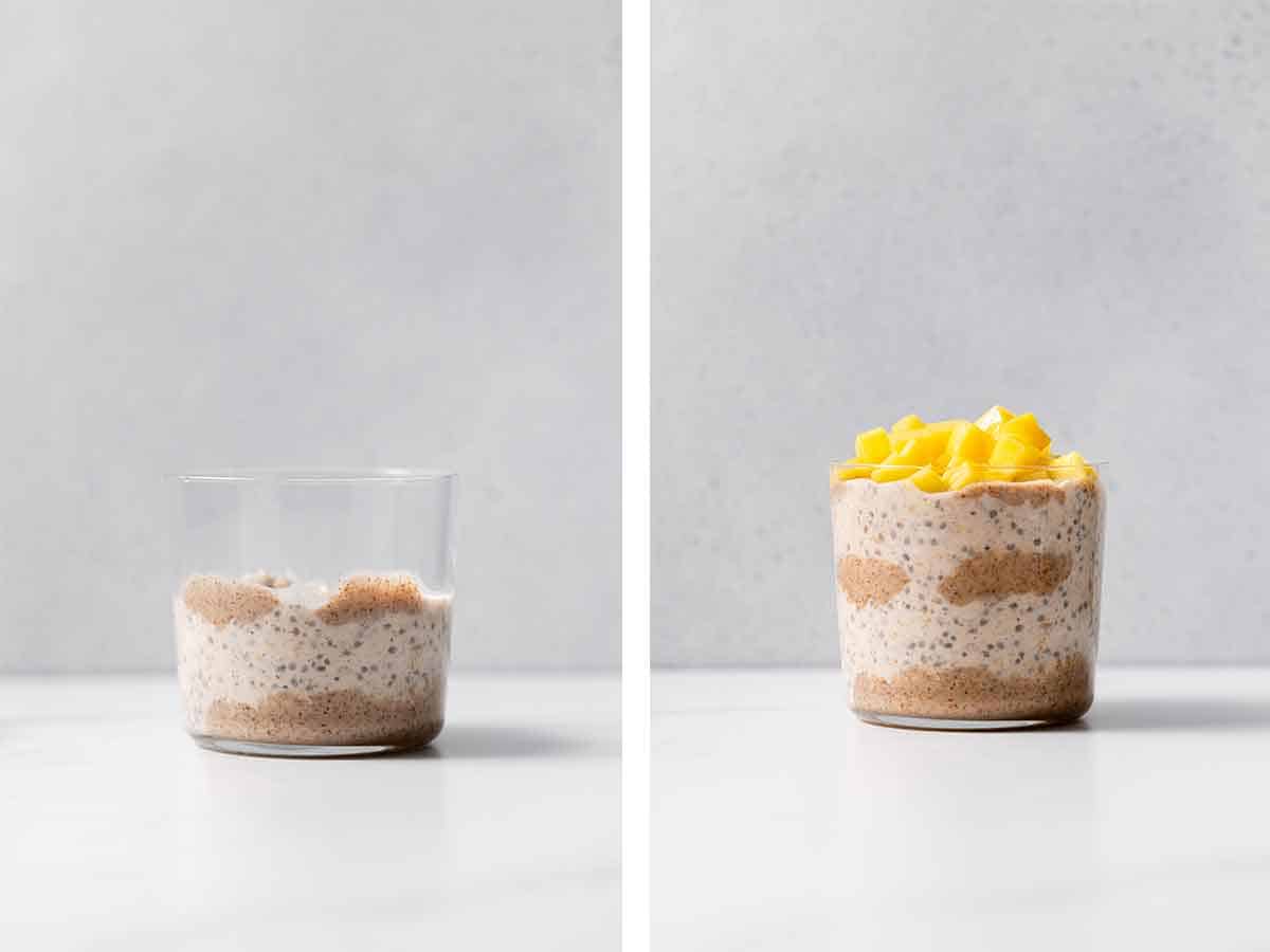 Set of two photos showing almond butter overnight oats being assembled in a glass jar topped with diced mango.