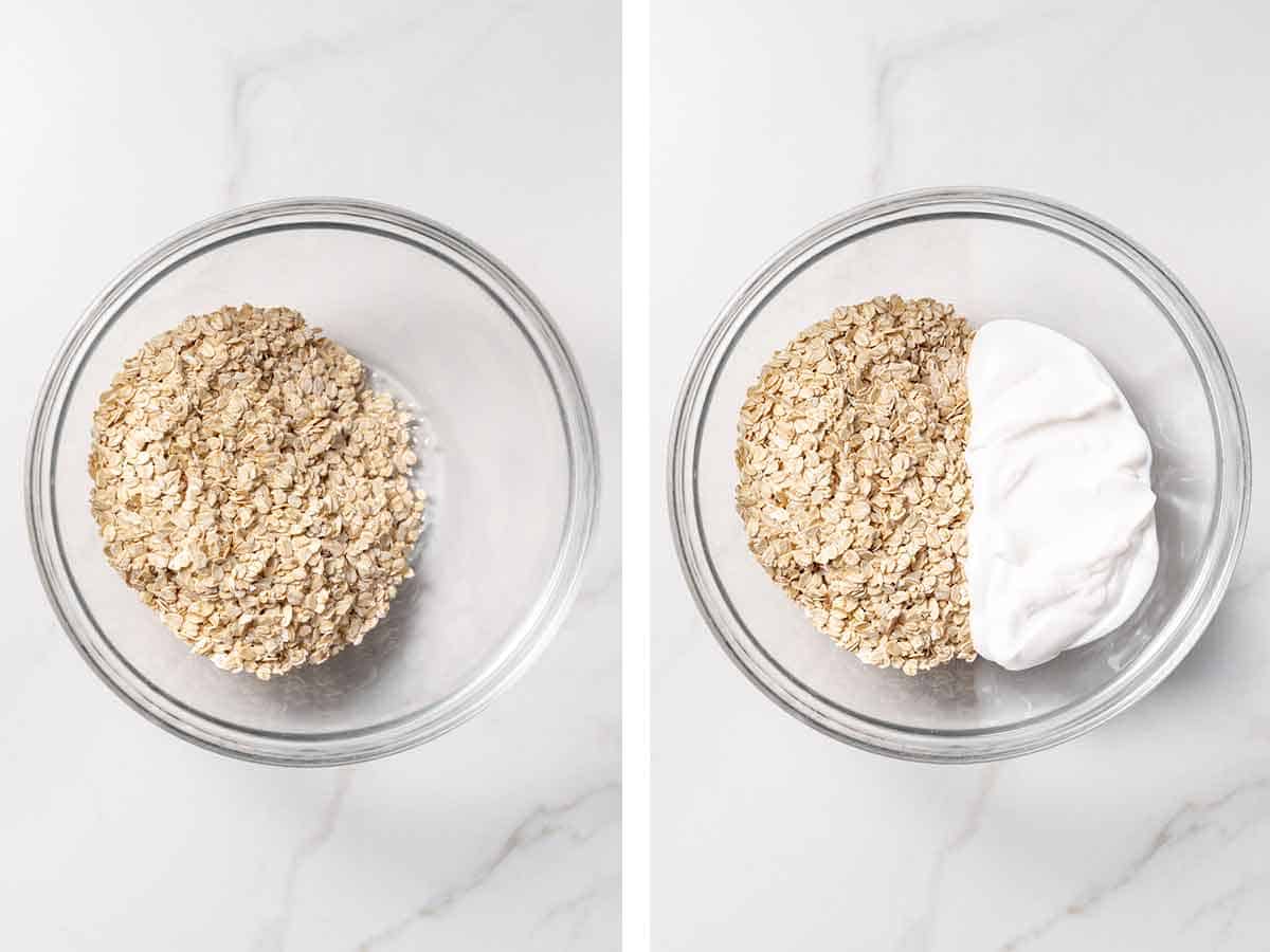 Set of two photos showing rolled oats and yogurt added to a bowl.