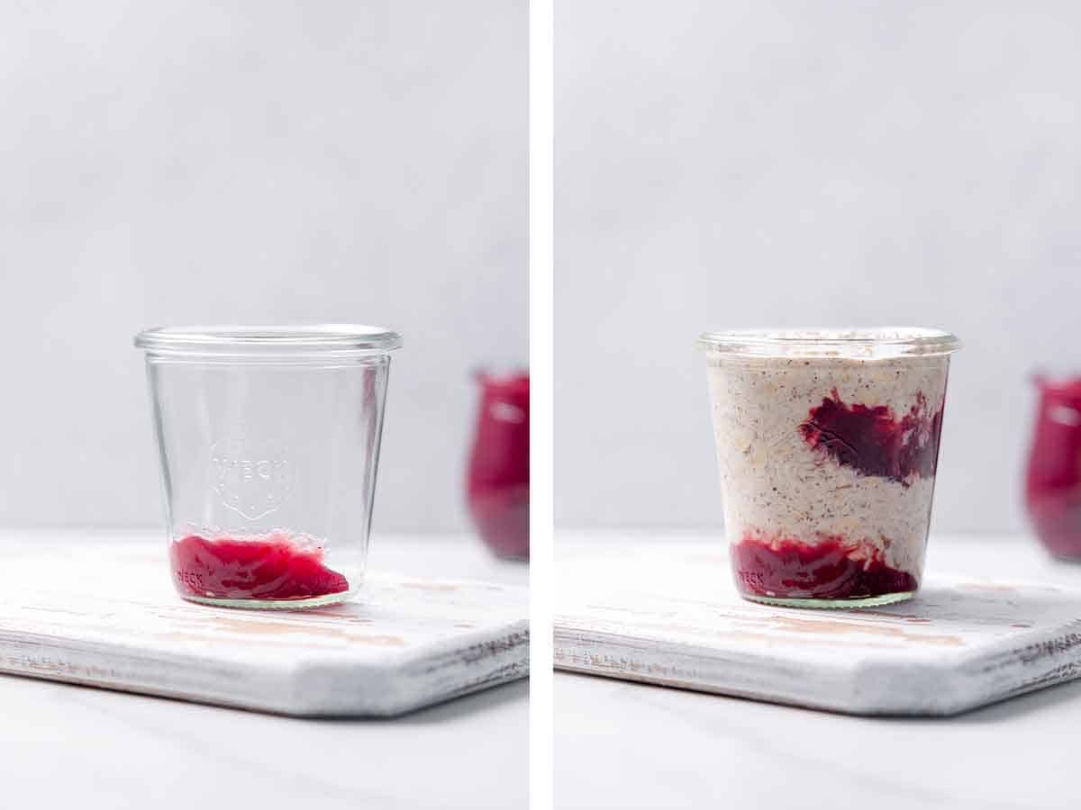 Set of two photos showing jam and overnight oats without chia seeds added to a glass.