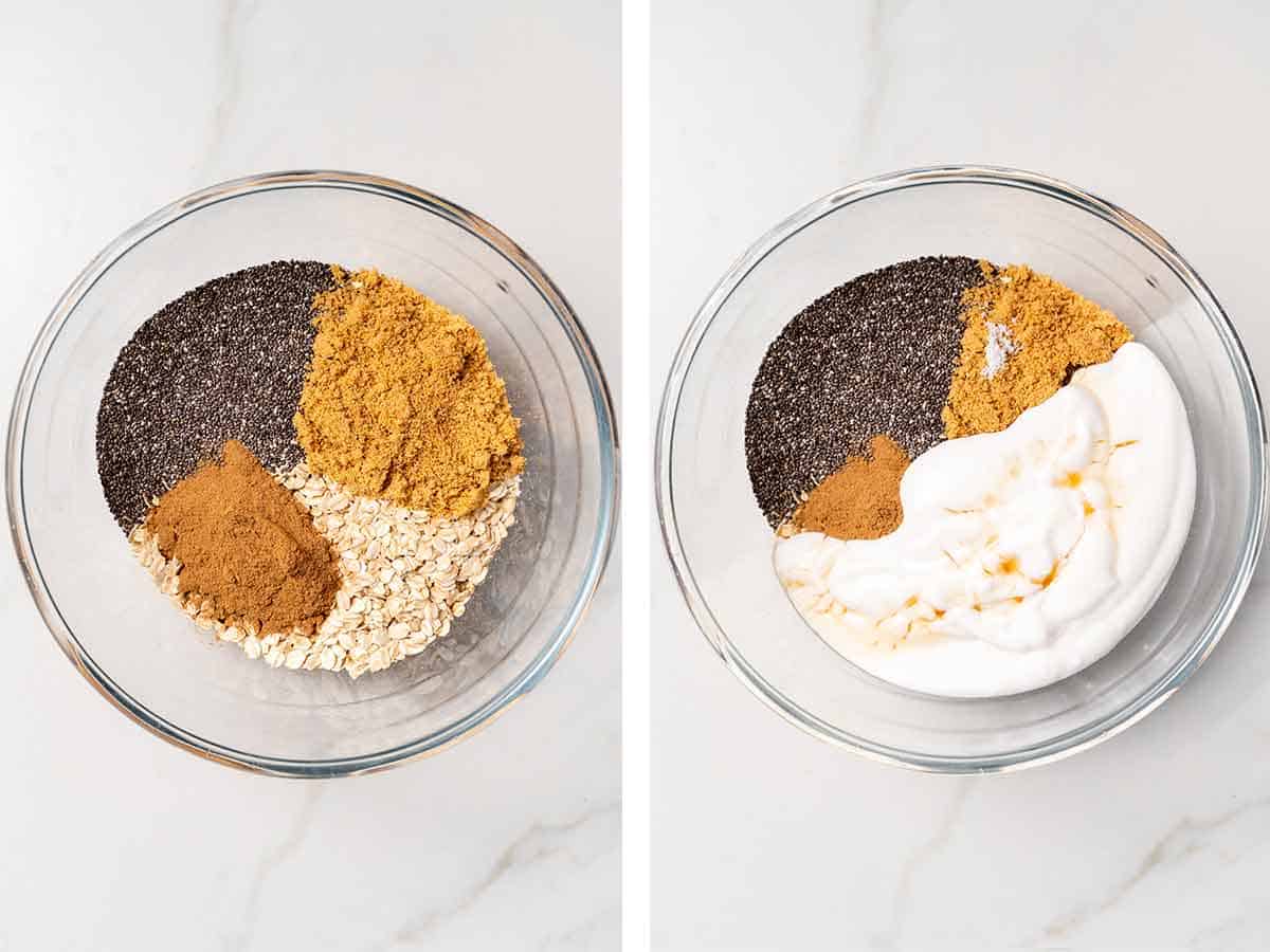 Set of two photos showing cinnamon overnight oats ingredients added into a bowl.
