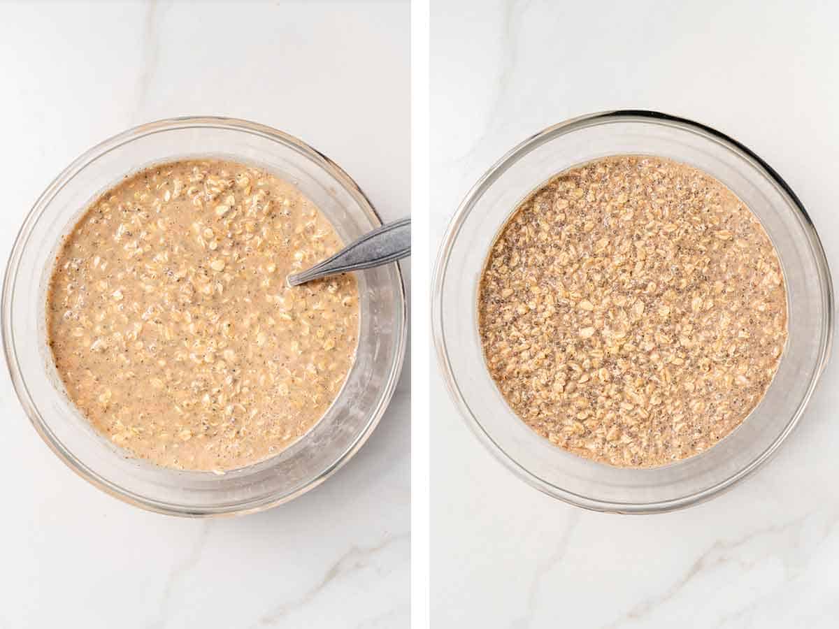 Set of two photos showing before and after the cinnamon overnight oats setting in a bowl.