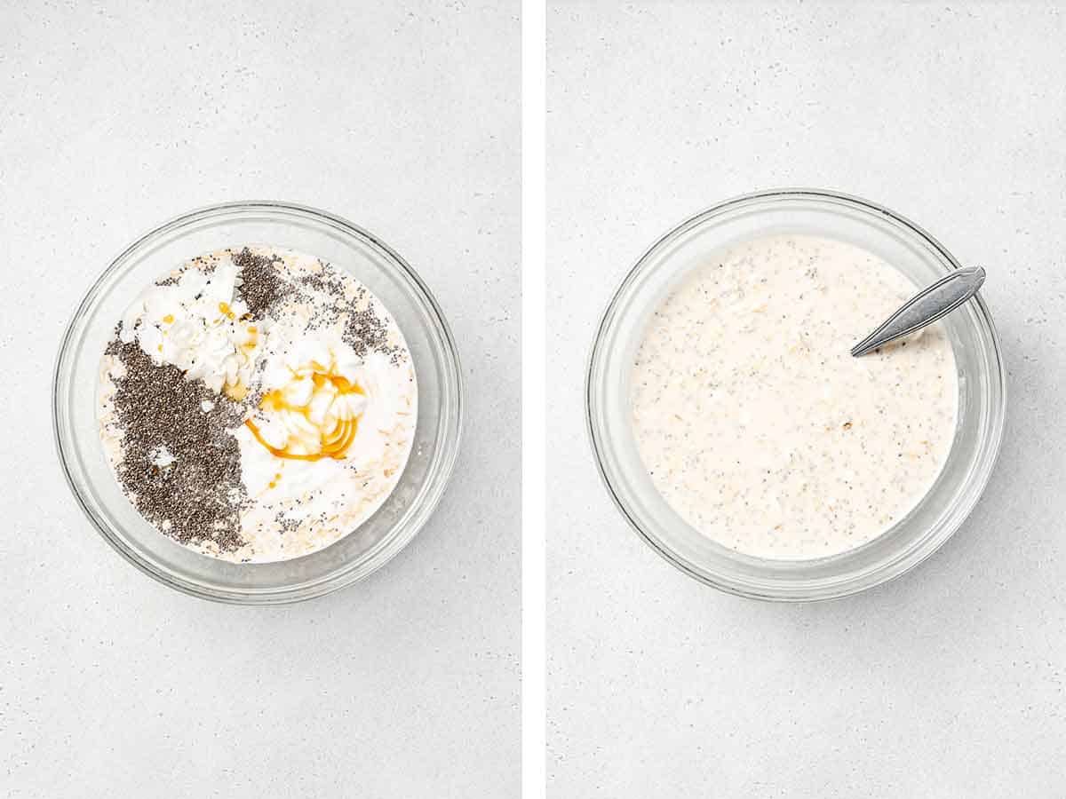 Set of two photos showing ingredients needed to make coconut overnight oats in a bowl.
