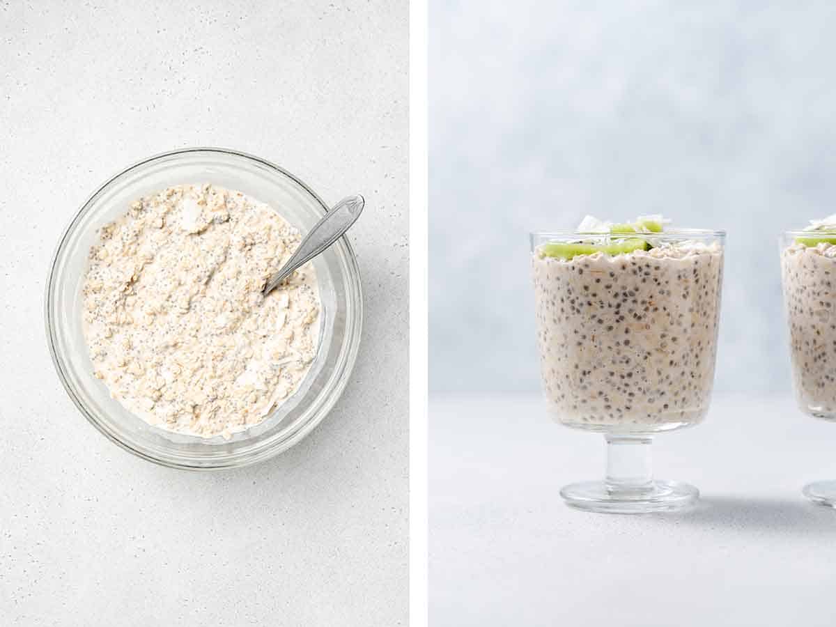 Set of two photos showing coconut overnight oats set in a bowl and placed in a jar.