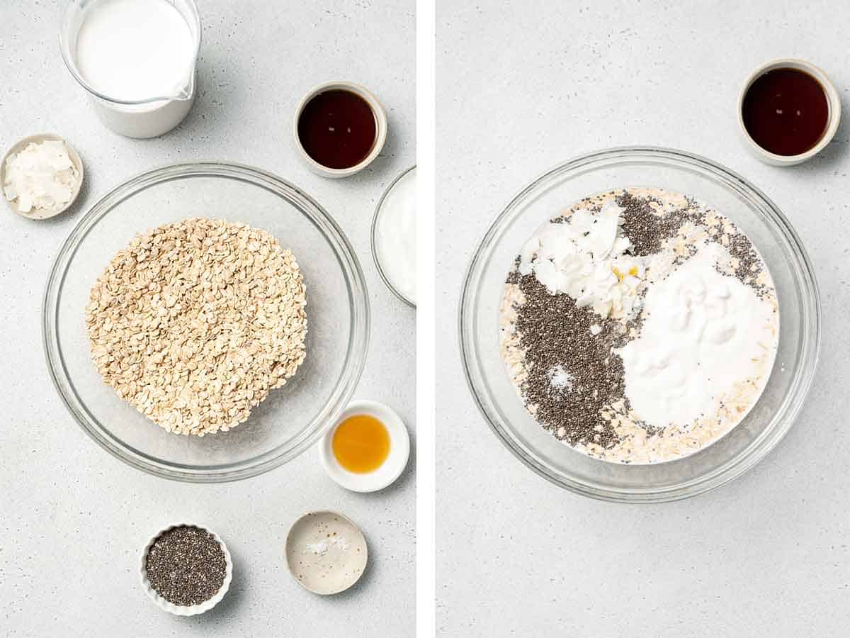 Set of two photos showing coconut overnight oats ingredients added to a bowl.