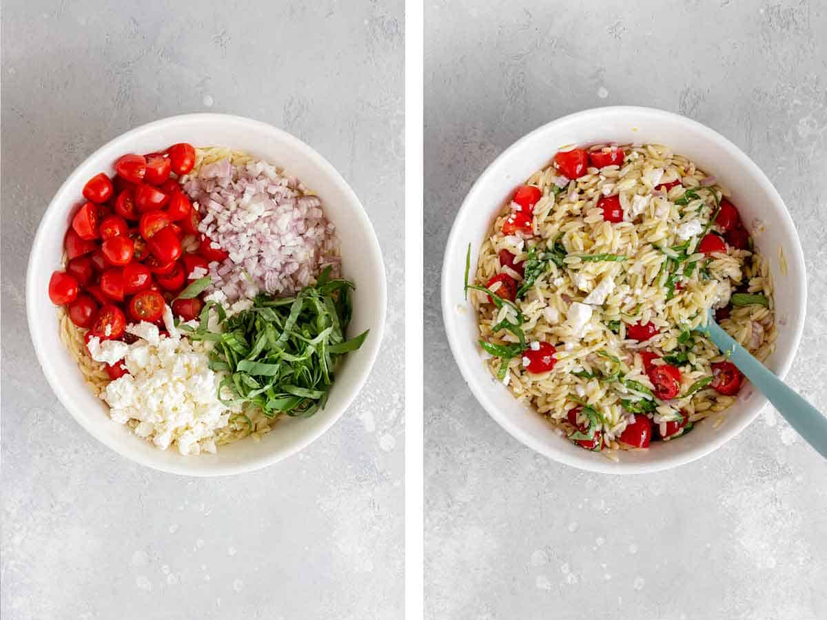 Set of two photos showing salad ingredients added to a bowl and mixed together.