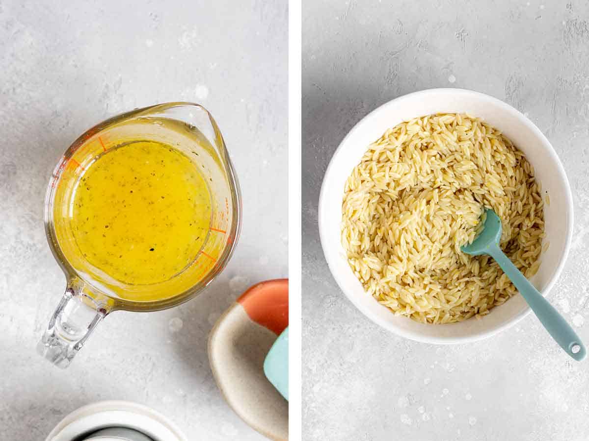 Set of two photo showing salad dressing in a measuring cup and orzo marinated in it.