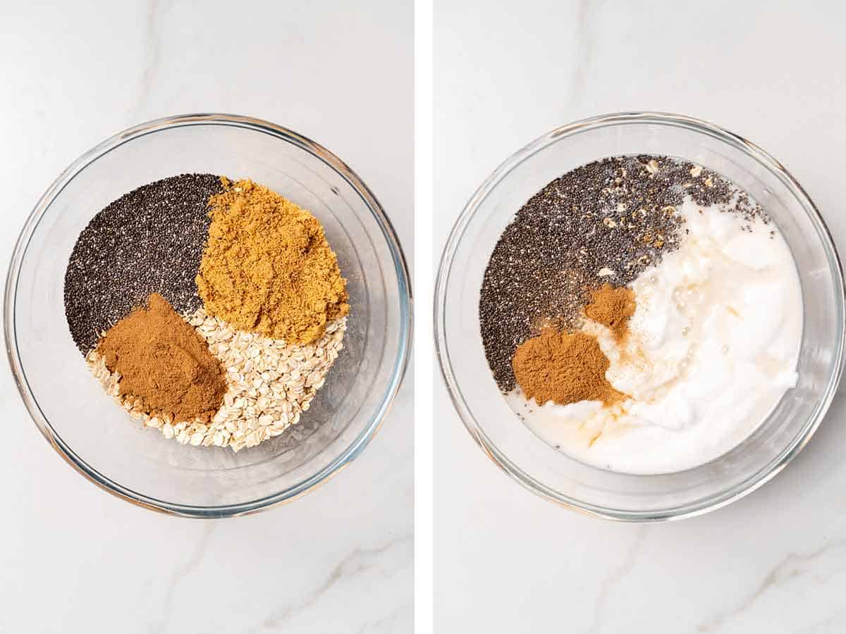 Set of two photos showing overnight oats ingredients in a bowl.