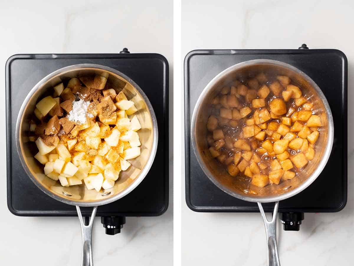 Set of two photos showing apples cooked in a pot.