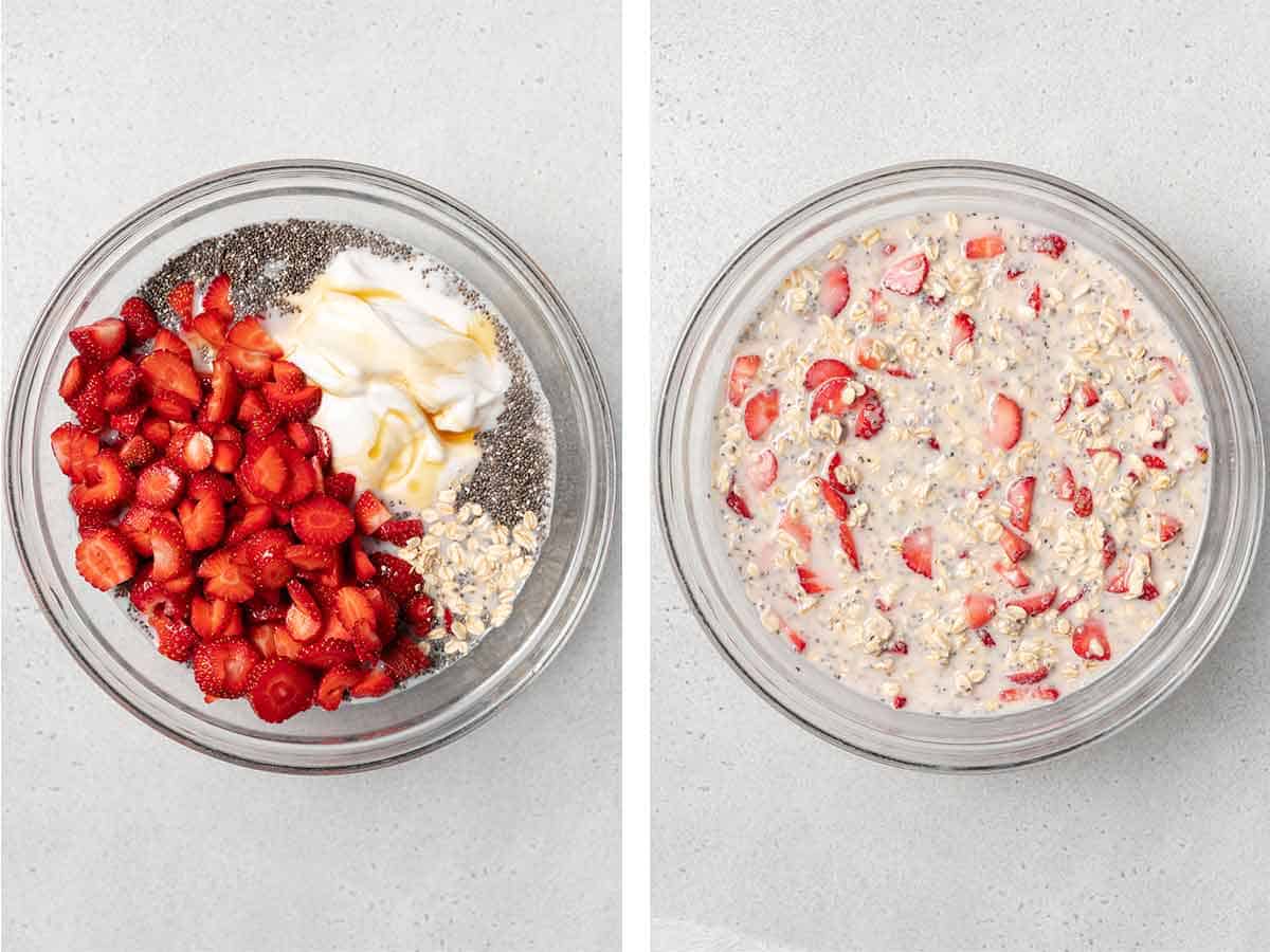 Set of two photos showing ingredients for strawberry overnight oats added to a bowl.