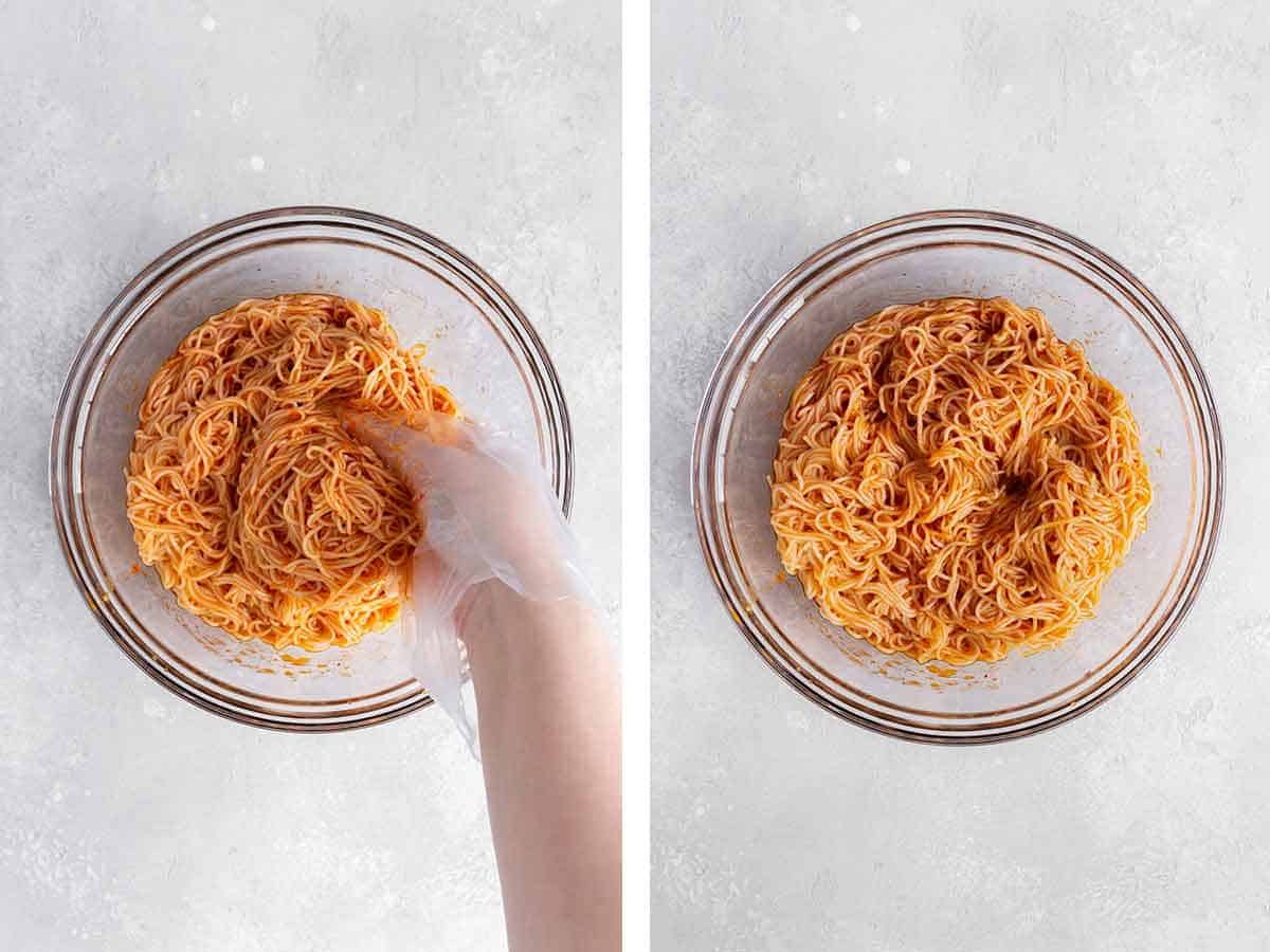Set of two photos showing noodles mixed with sauce with a hand.