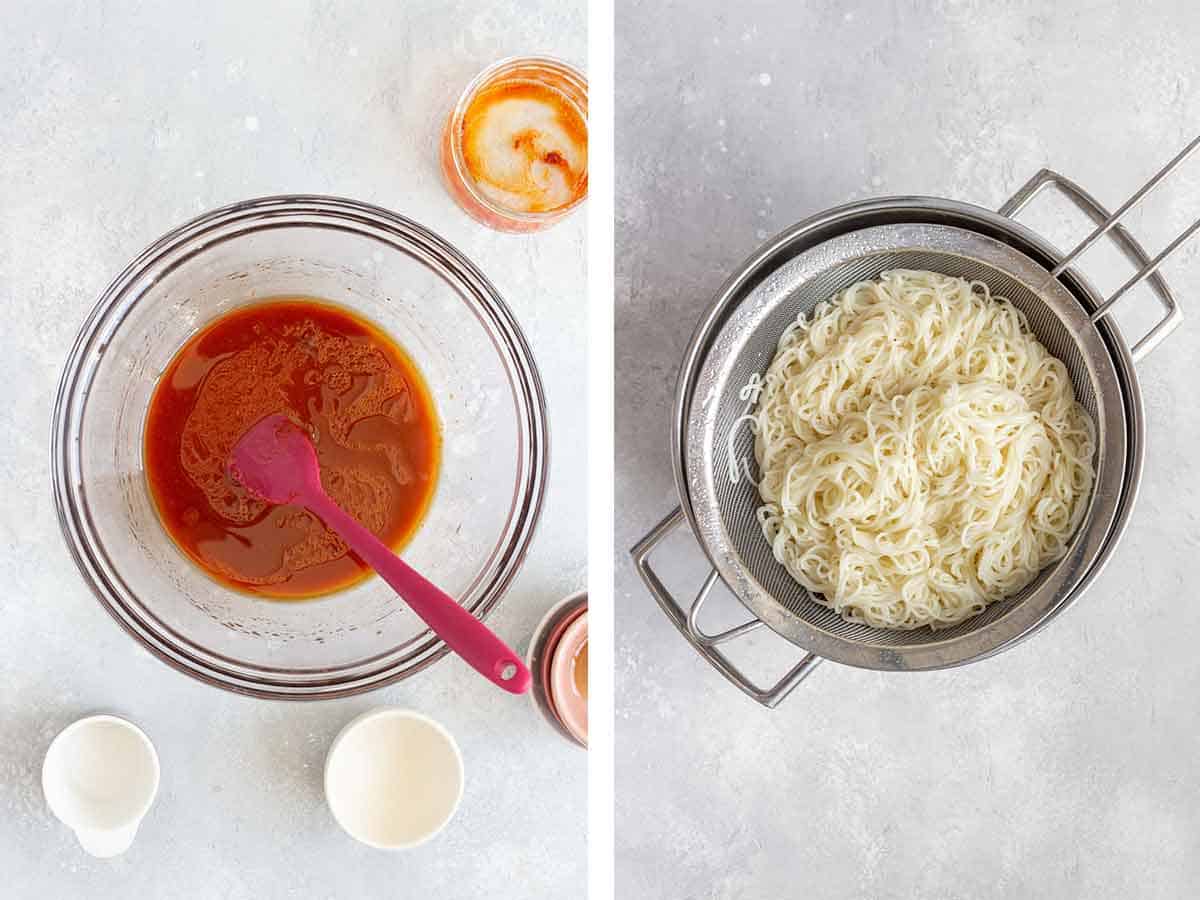 Set of two photos showing sauce mixed in a bowl and noodles drained.