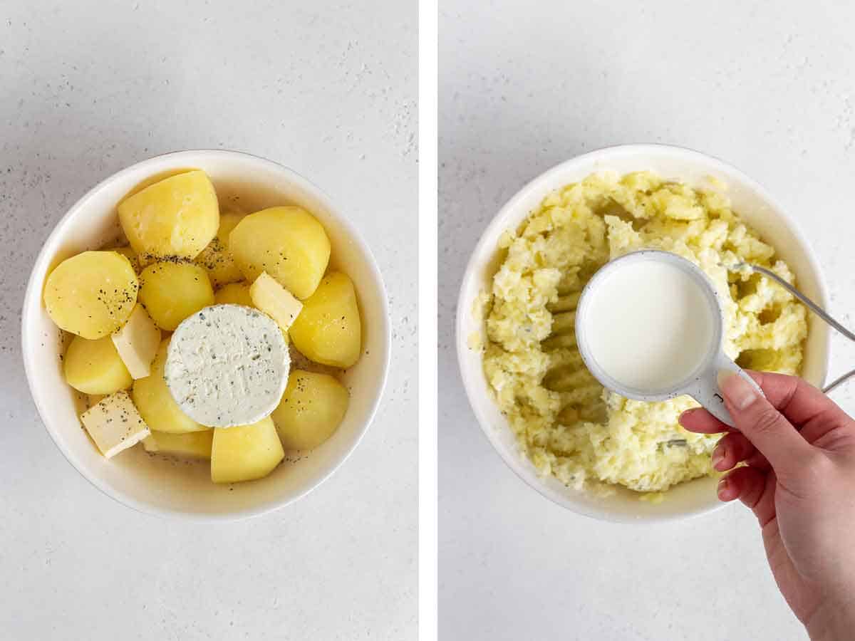 Set of two photos showing Boursin cheese, butter, salt, pepper, and cream added to potatoes.