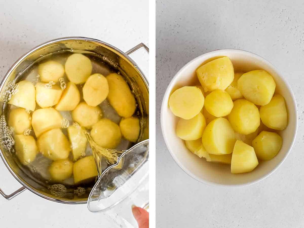 Set of two photos showing water added to a pot of potatoes and then the potatoes cooked til fork tender.
