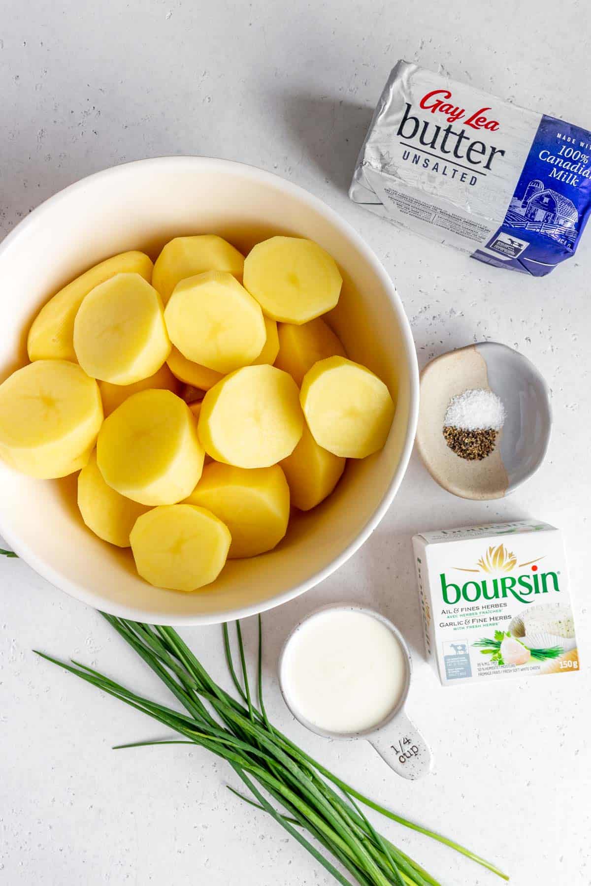 Ingredients needed to make Boursin mashed potatoes.