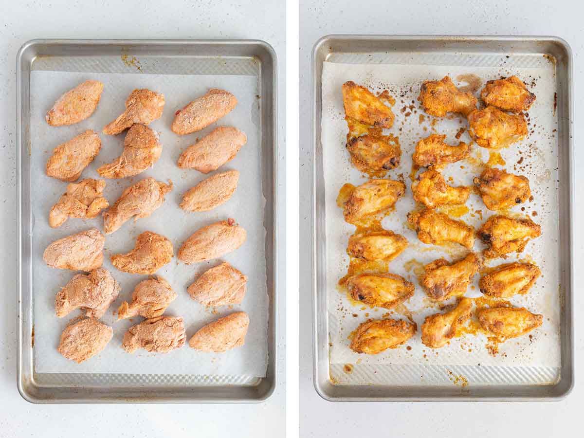 Set of two photos showing wings on a lined sheet pan before and after baking.