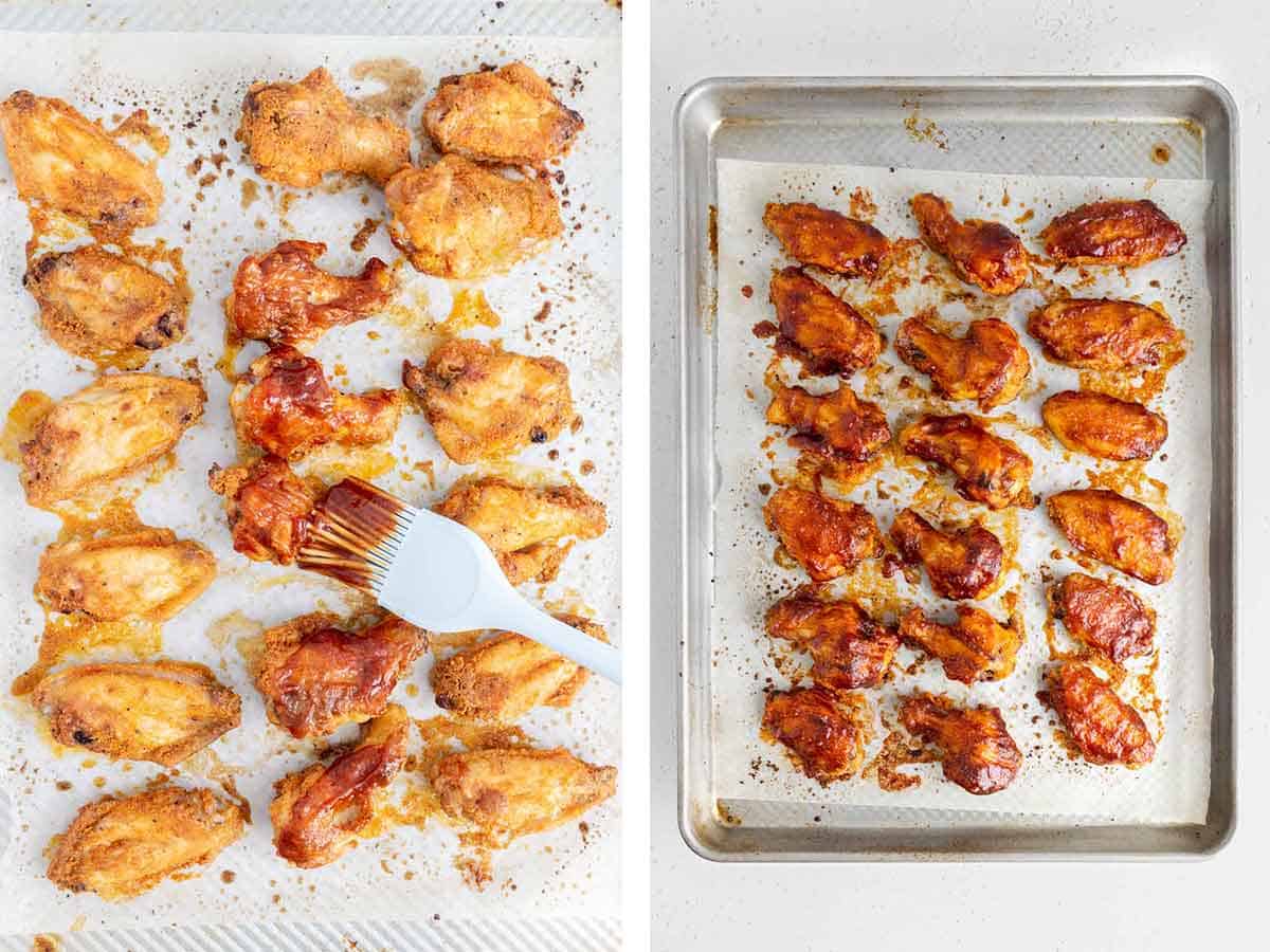 Set of two photos showing bbq sauce brushed onto wings then broiled.
