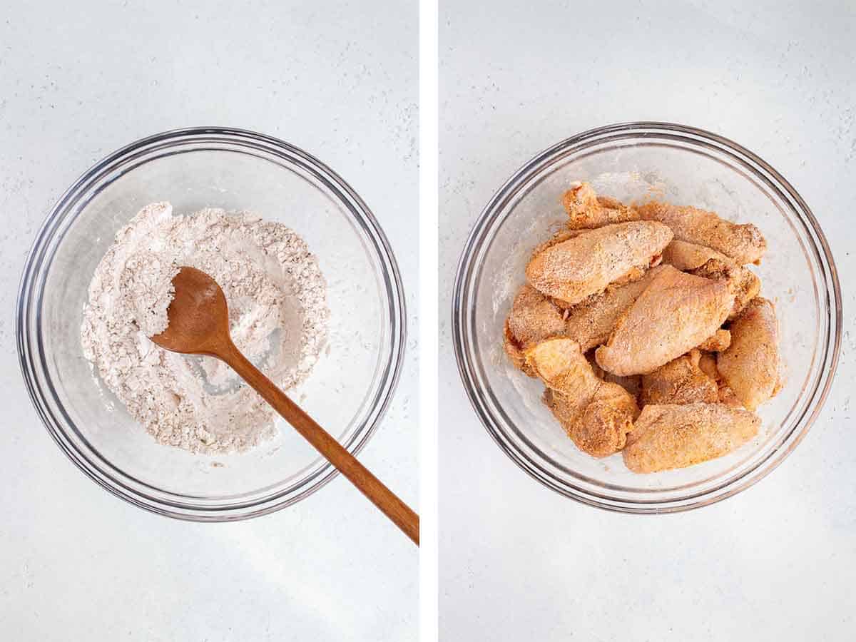 Set of two photos showing potato starch mixture in a bowl then tossed with chicken wings.