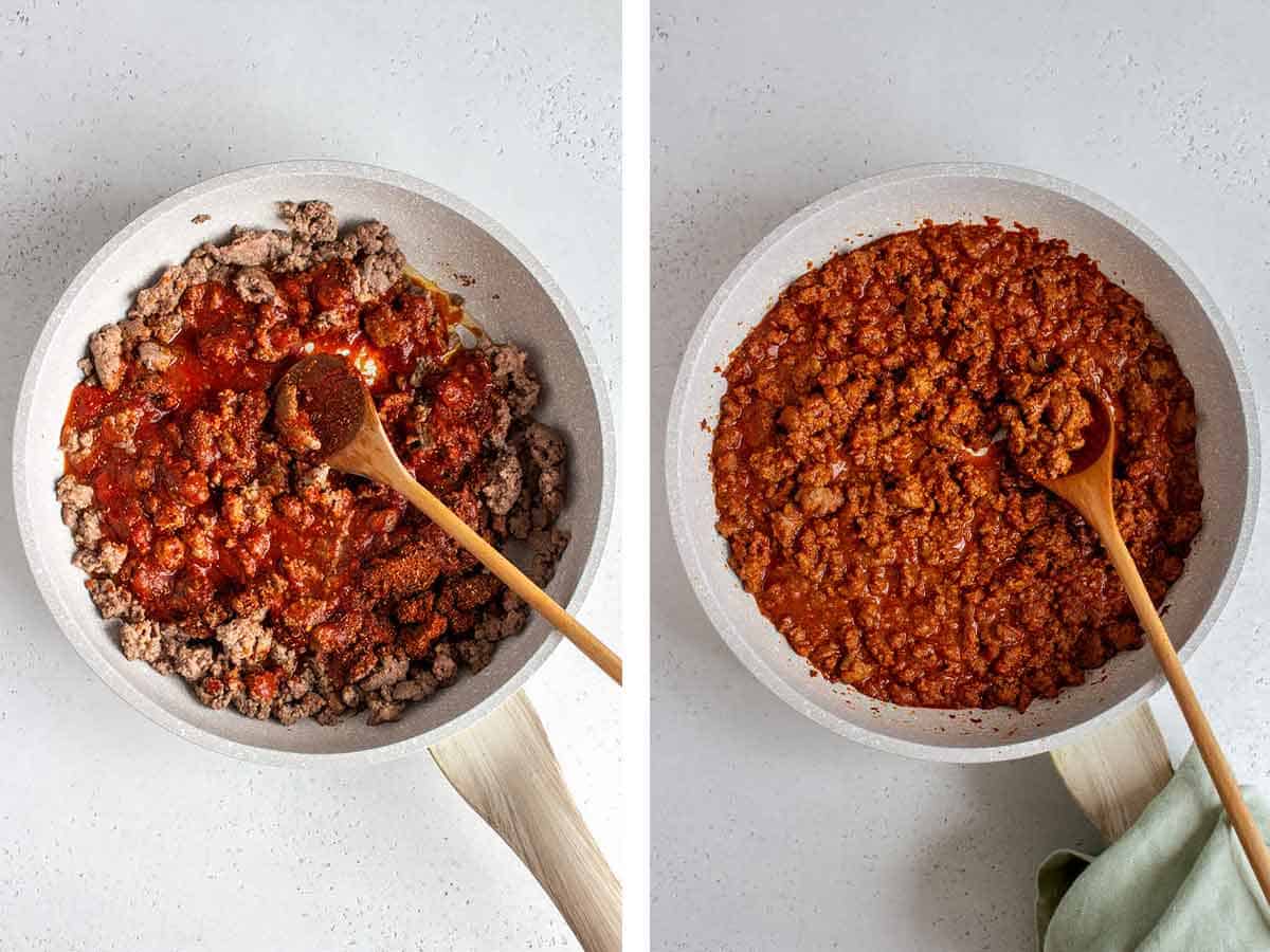 Set of two photos showing tomato sauce and seasoning added to taco meat and simmered.