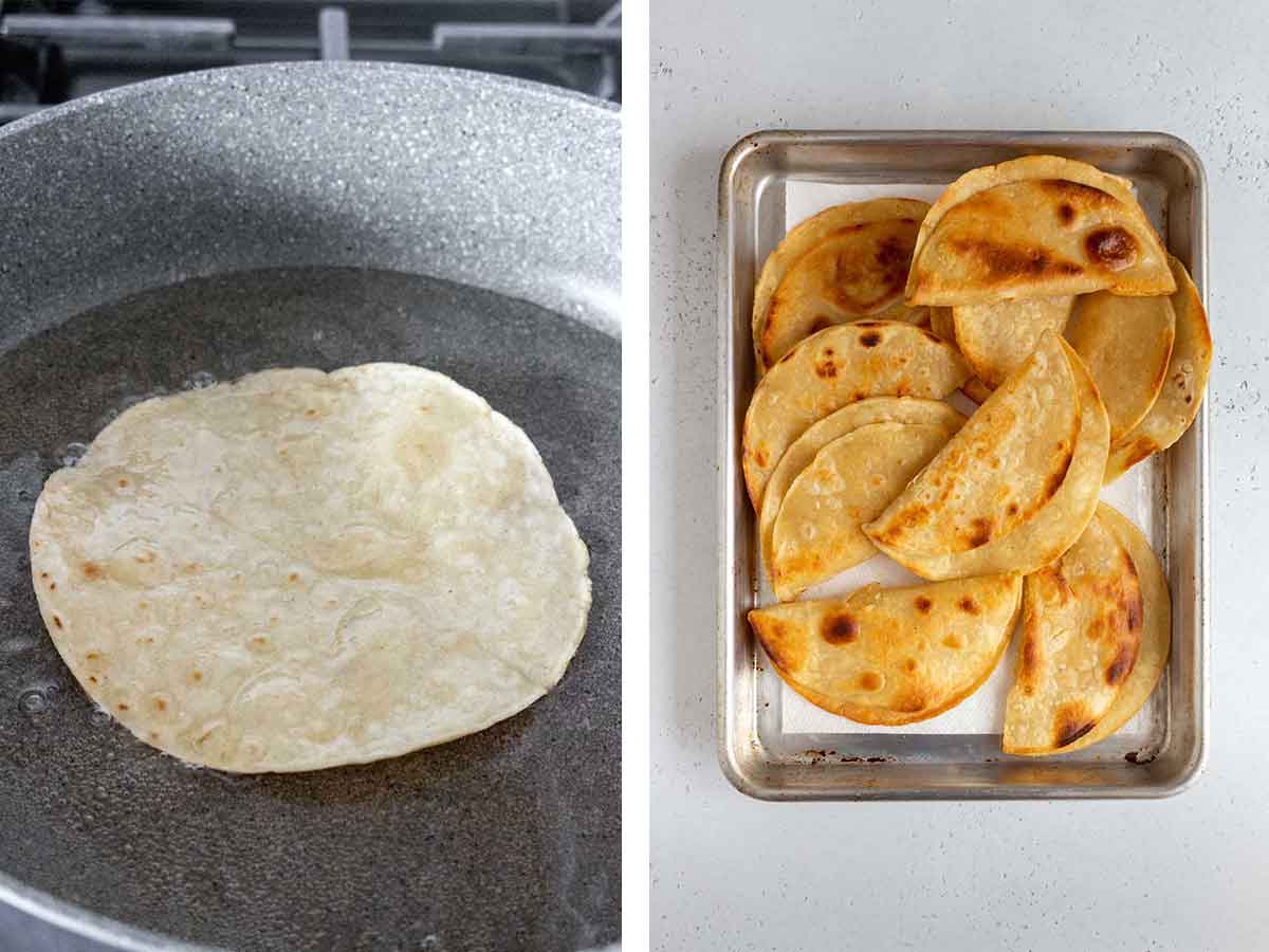 Set of two photos showing tortilla frying and folded.