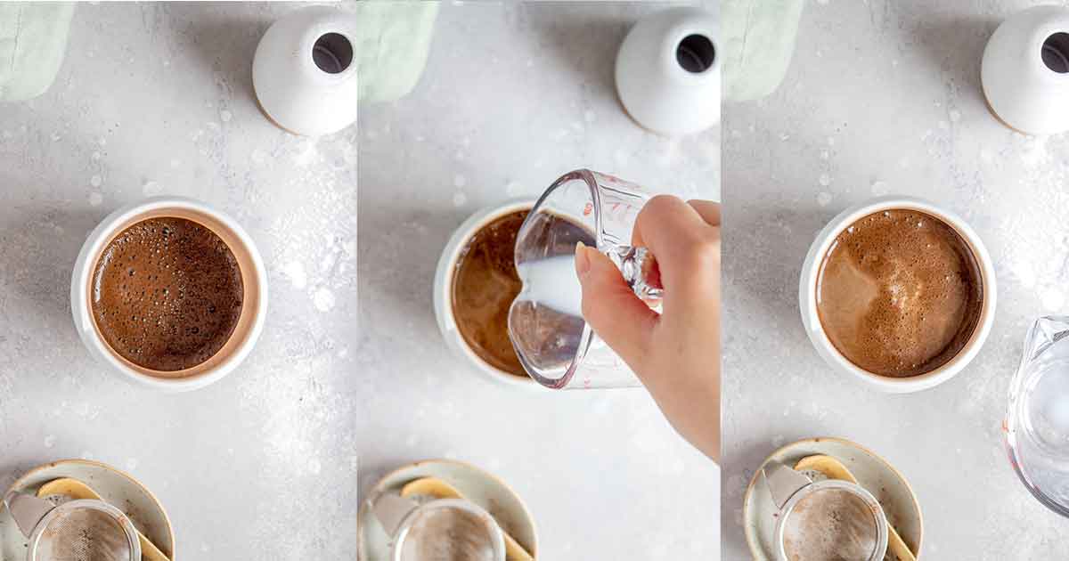 Set of three photos showing hojicha mixture in a cup with milk added to it.