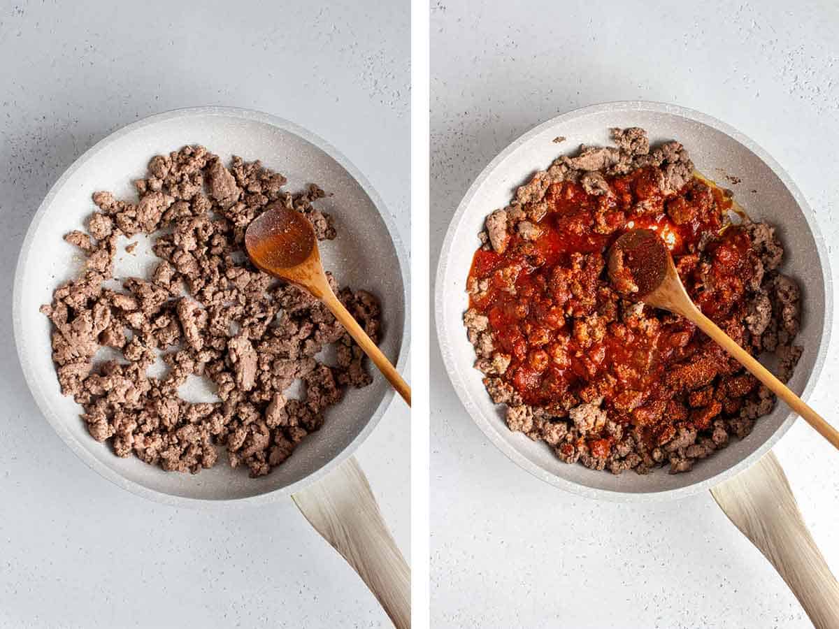Set of two photos showing browned beef and tomato sauce added to it.