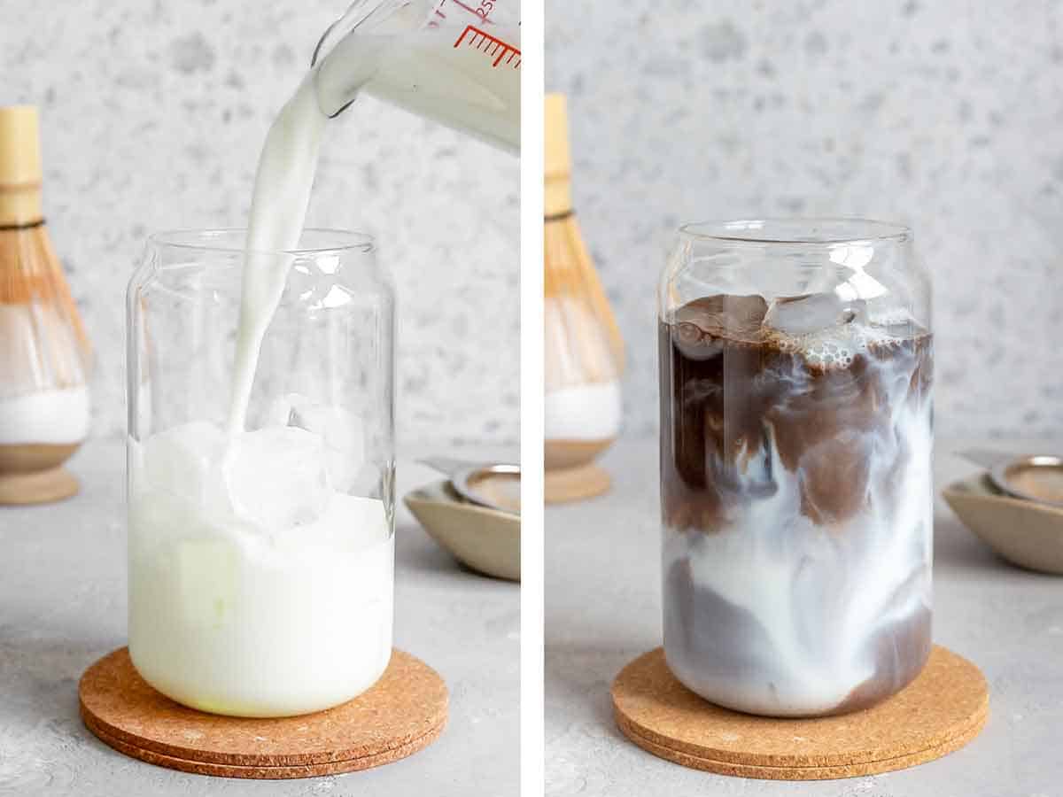 Set of two photos showing milk added to a glass of ice and topped with hojicha.