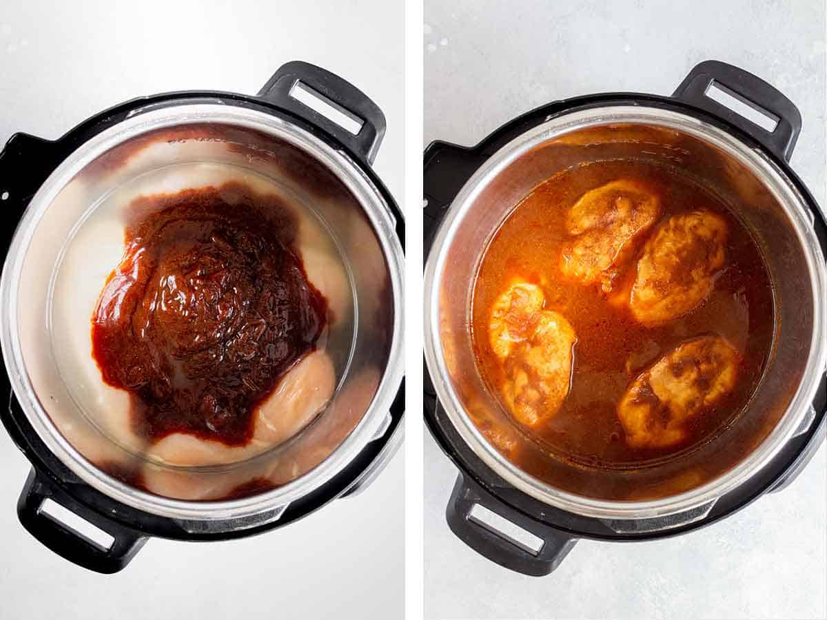 Set of two photos showing bbq mixture added to the instant pot and pressure cooked.