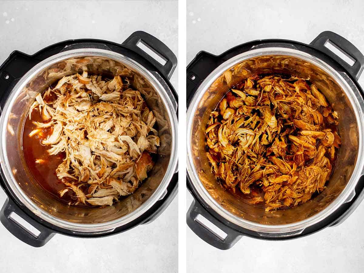 Set of two photos showing before and after shredded meat coated in sauce.