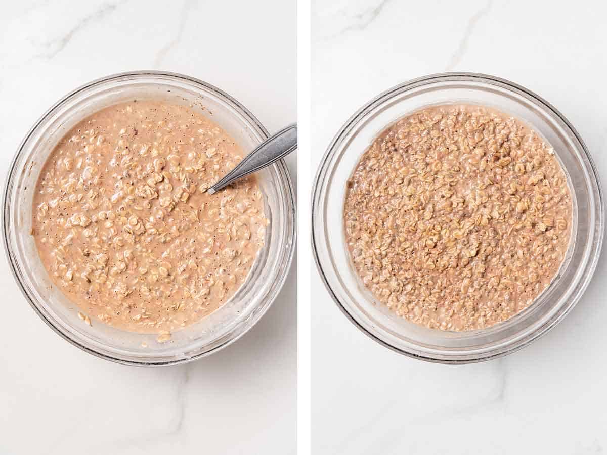 Set of two photos showing before and after nutella overnight oats set in a bowl.
