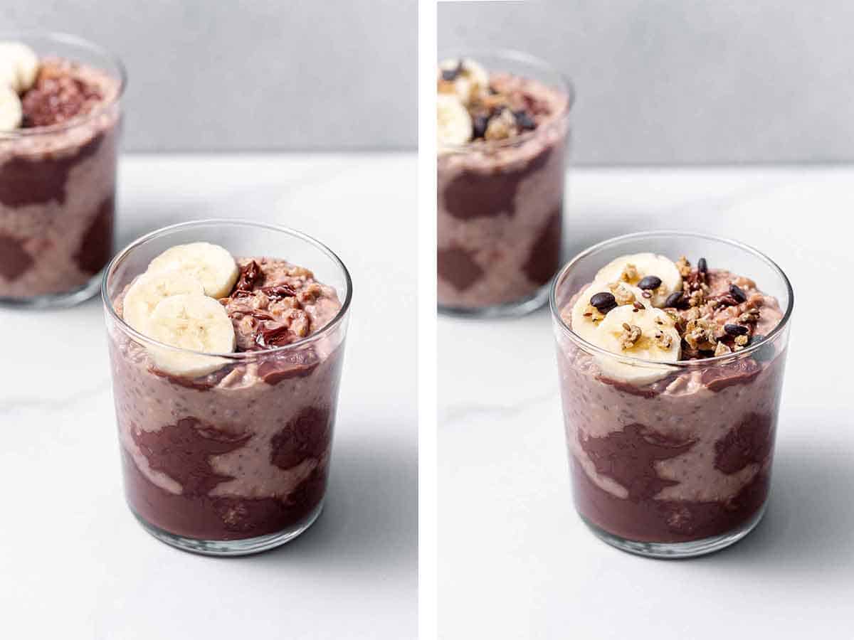Set of two photos showing toppings added to nutella overnight oats.
