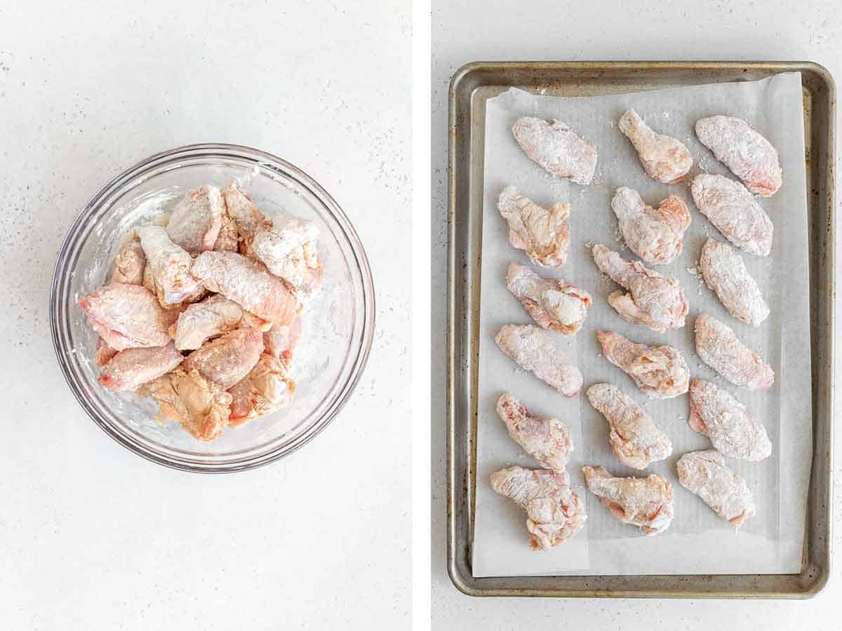 Set of two photos showing chicken coated with starch and placed on a sheet pan.
