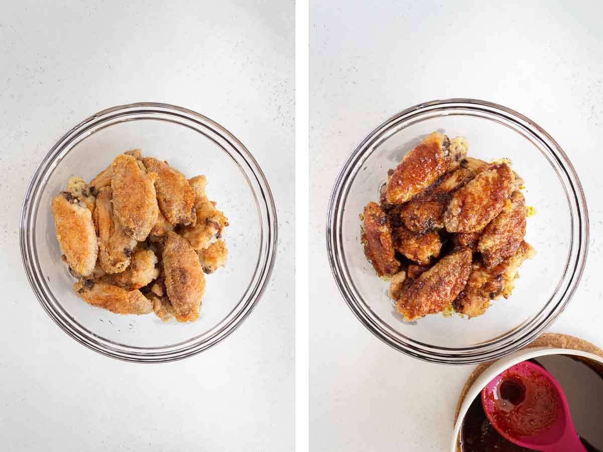 Set of two photos showing wings in a bowl getting coated in sauce.