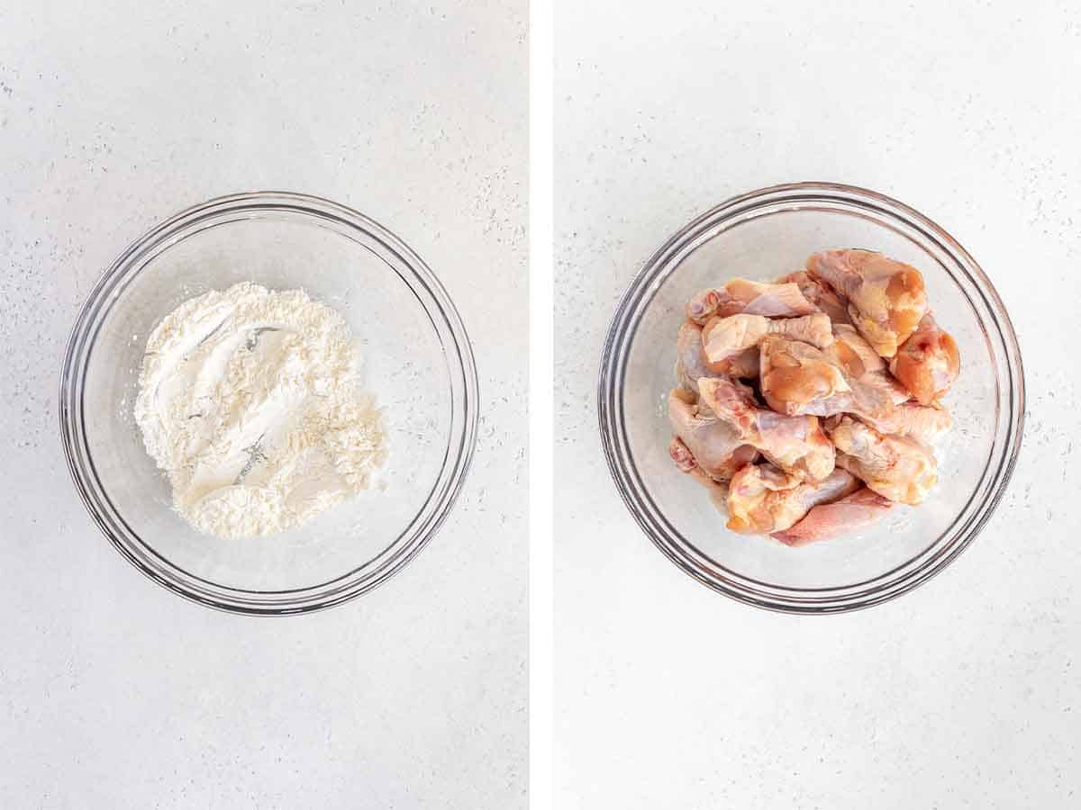 Set of two photos showing starch in a bowl with chicken wings added.