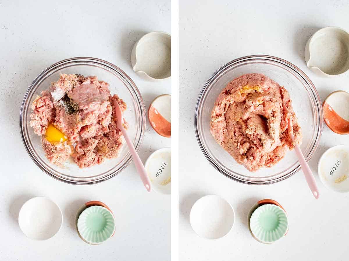 Set of two photos showing egg and milk added to ground meat and mixed.