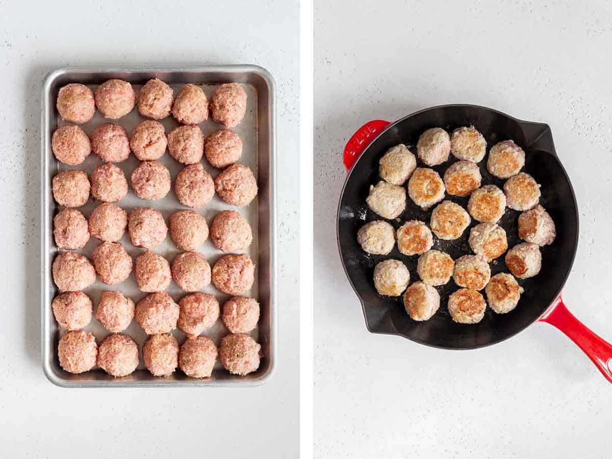 Set of two photos showing rolled meatballs in a sheet pan and browned in a pan.