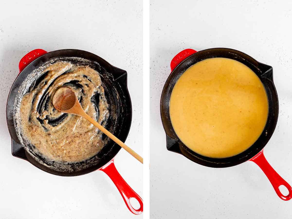 Set of two photos showing melted butter and flour mixed together then broth added.
