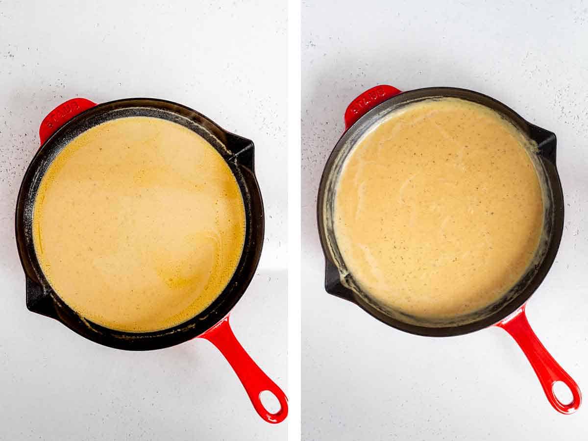 Set of two photos showing sauce simmering in a skillet.